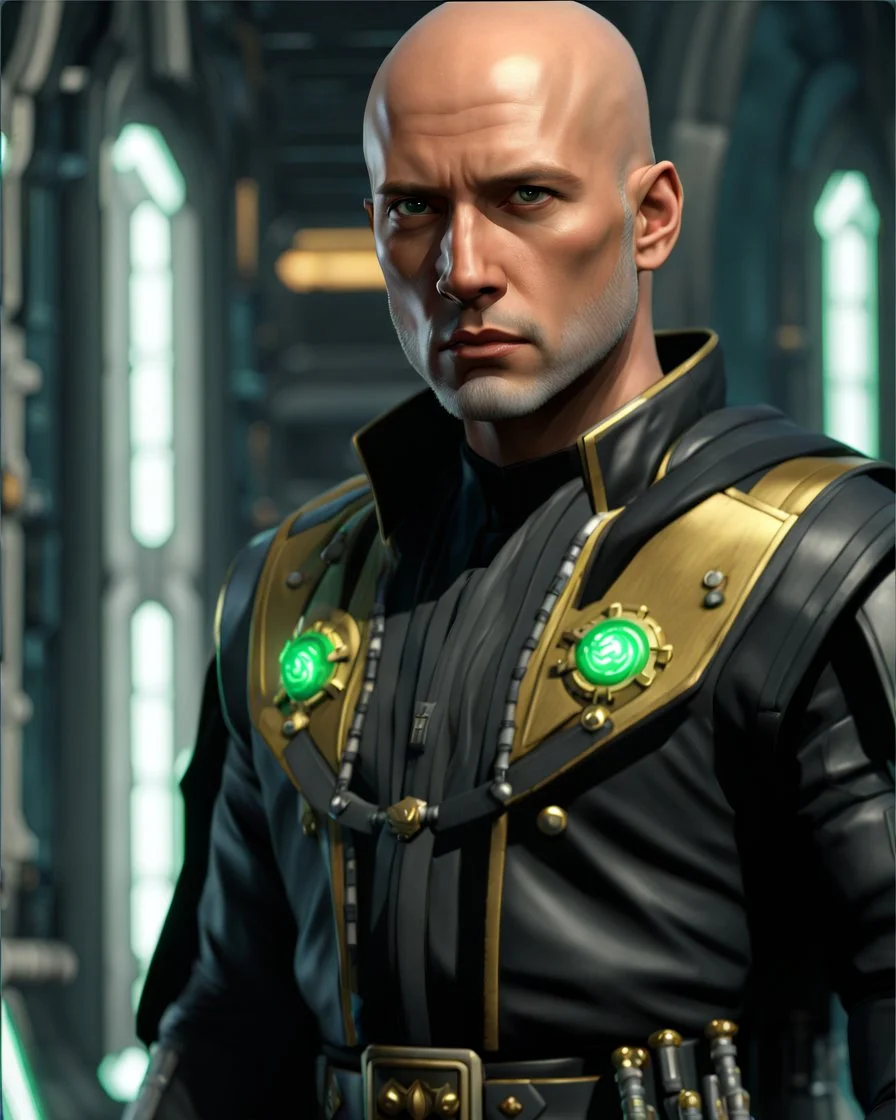 star wars bald male corellian jedi pilot wearing black and gunmetal grey old republic armored robes with gold trim inside the jedi temple holding a lightsaber with viridian green blade in left hand, centered head and shoulders portrait, hyperdetailed, dynamic lighting, hyperdetailed background, 8k resolution, volumetric lighting, light skin, fully symmetric details