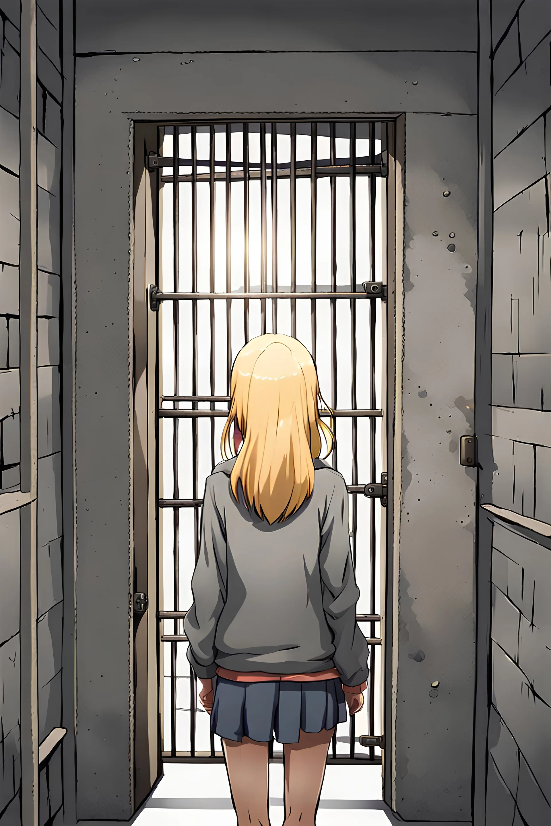 anime style, blonde teenage girl inside a grey concrete prison cell, not facing the viewer, her back is visible, standing near the closed, barred door, there is a corridor behind the barred door, bed and window visible inside the cell, picture taken inside the cell, facing the exit