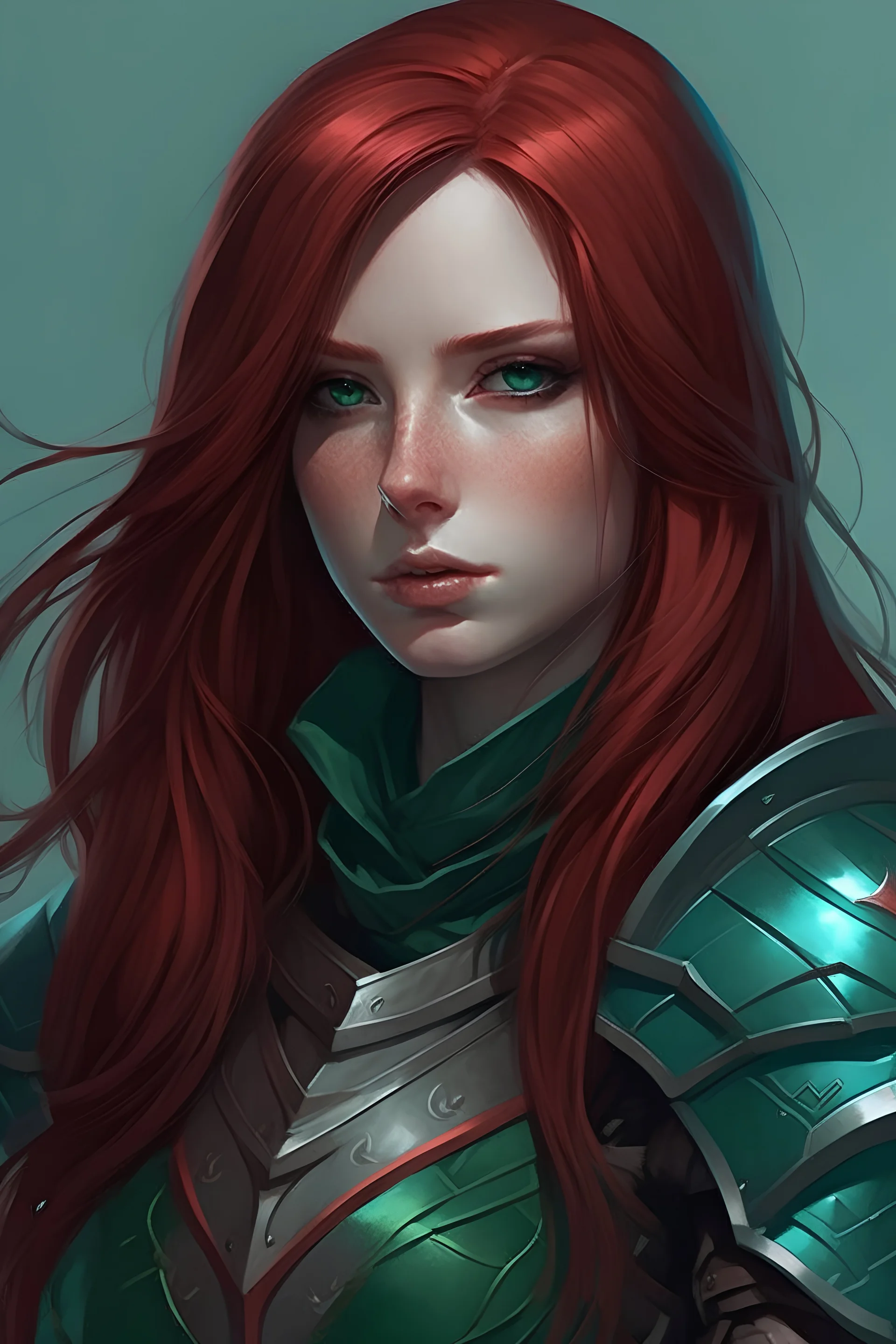 {{Woman}}, Female, Fair Complexion Skin Tone, Long Hair, Dark Red Hair, Adult, {{Perfect blend of Rose Dewitt Butaker+Madelaine Petsch}}, {{Emerald Green Eyes}}, Blue Cloth Armor, Digital Art