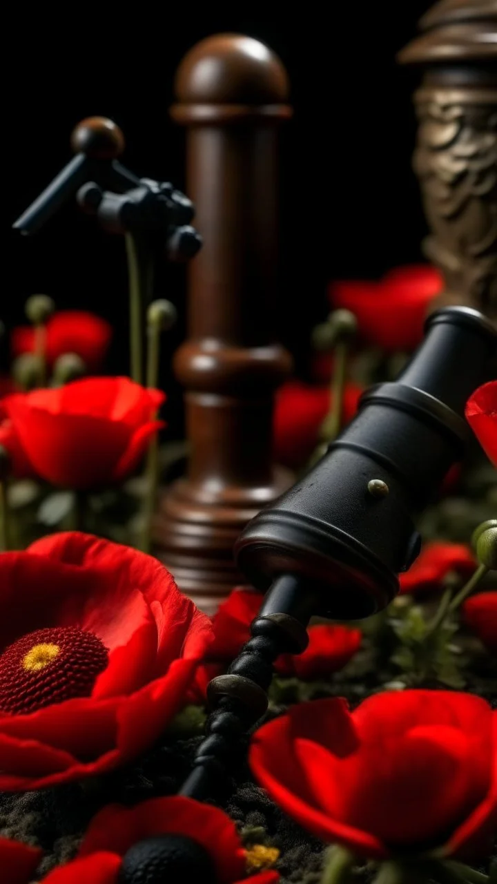 A small wooden hammer near a black pistol, a black leather glove and red lipstick in a dark garden filled with red poppies.Cinematic and realistic image