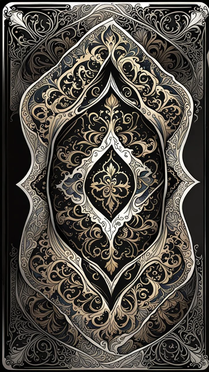 create a full color, ink wash and watercolor, ornate arabesque style bordered symmetric playing card template on a black background