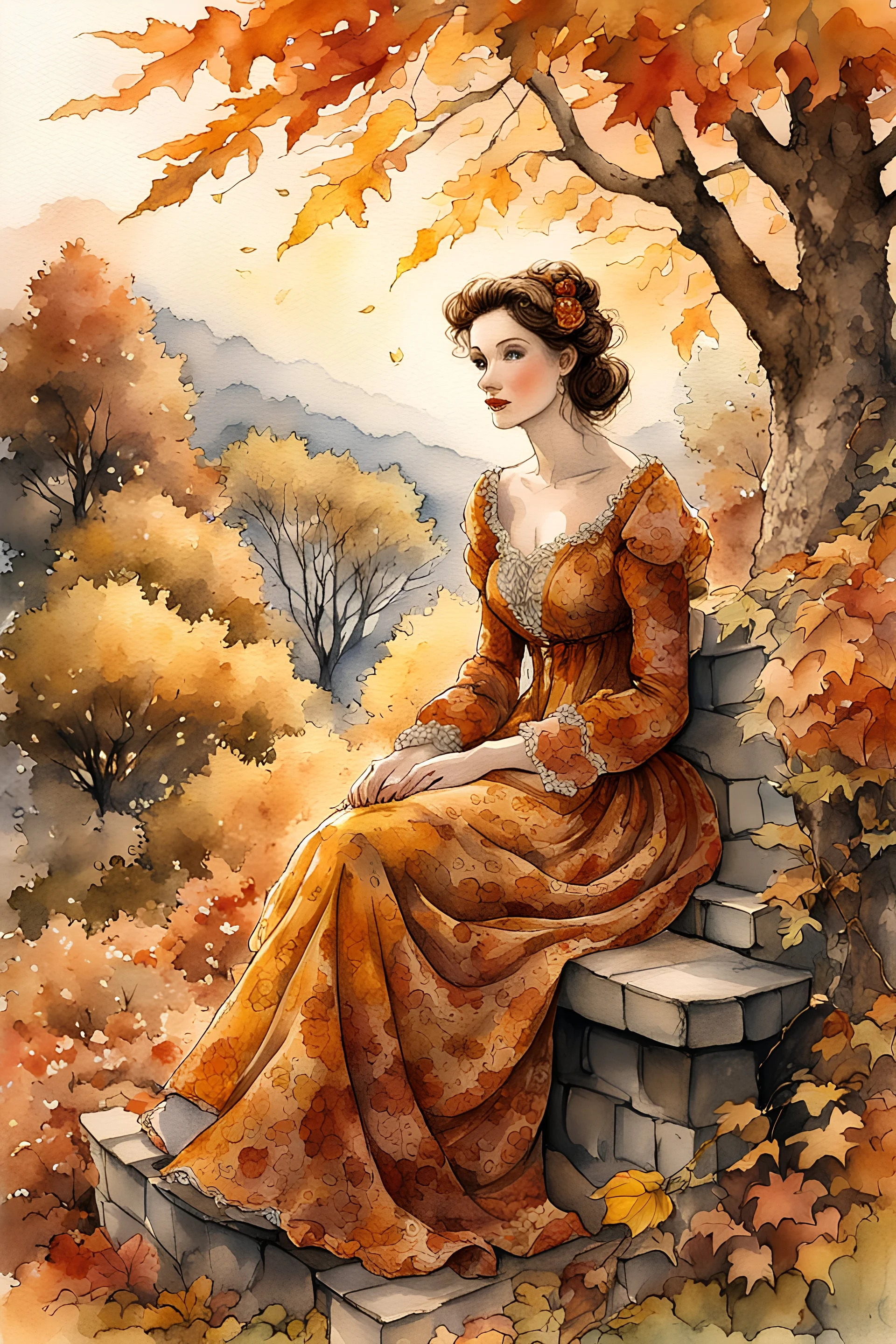 a woman, sitting, in warm autumn colours dress, watercolor, pen and ink, detailed realistic ethereal fantasy Thomas Kinkade
