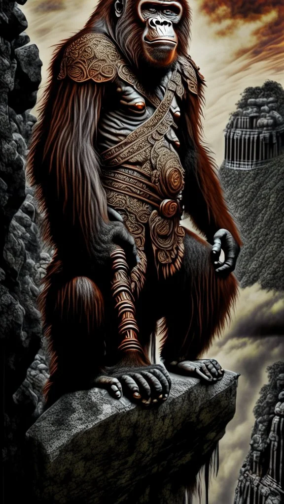 Orangutan Assassin Gothic symmetrical design standing on the edge of a cliff frontal view full body full arms full legs hyper-detailed hyper-realistic ink art full legs 8k