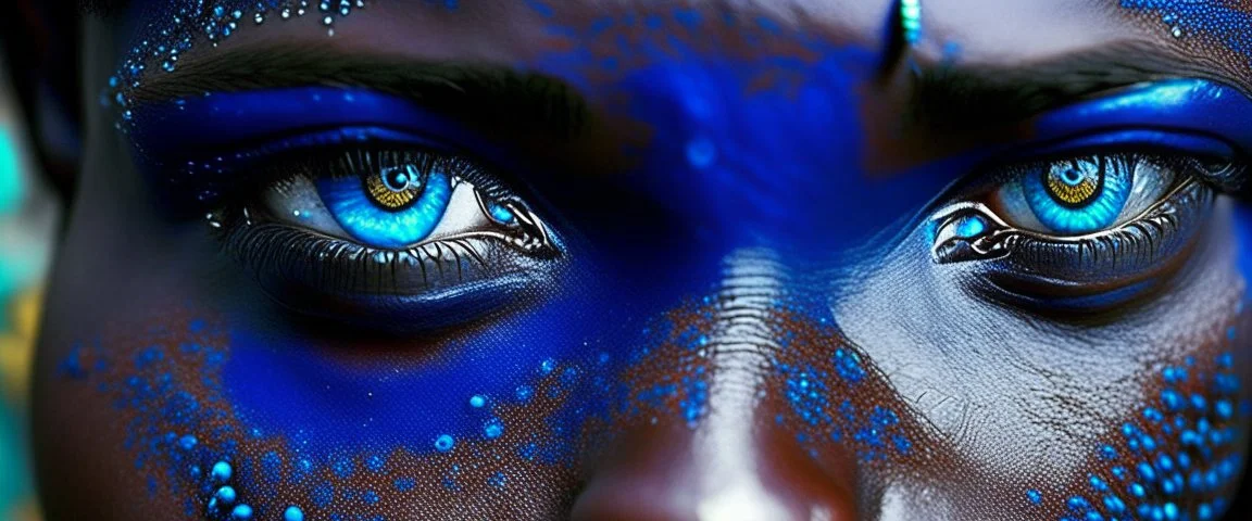 Extreme closeups of Wolof people. Their eyes glow with gemstone colors and reflect Cobalt Infinity, –v6