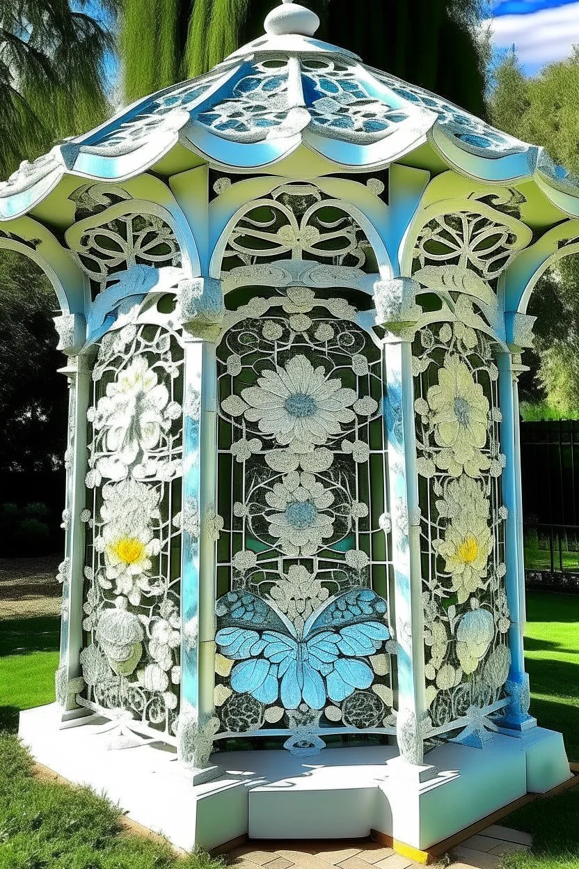 magic carved gazebo, garden, flowers, butterflies, colors: snow-white, silver, milky, mint, glaze, pearl, turquoise, cream, mother-of-pearl, dawn: sfumato, complex abstraction in the style of Dali