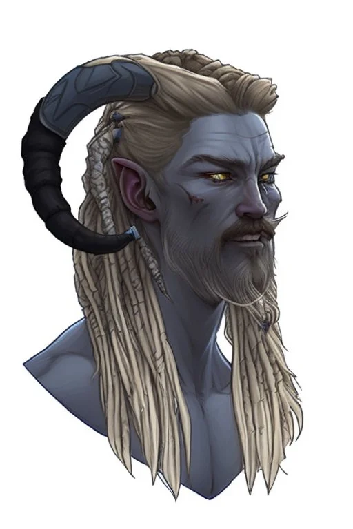 A tieffelin with blue skin and white Dreadlock hair. His pupil-less eyes are green. He wears a small beard.