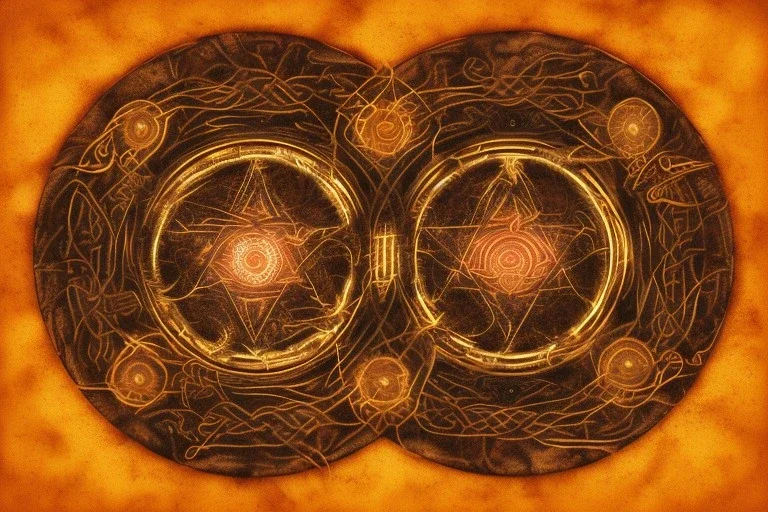 a fiery wheel with 100 eyes floating above the ground, a laser beam pentagram floating above the ground, celtic knot bronze floating, golden ratio, spring time, mushrooms, 8k, flickering light, centered, high-quality, fine-detail, digital art, detailed matte, volumetric lighting, illustration, 3D octane render,psychedelic color