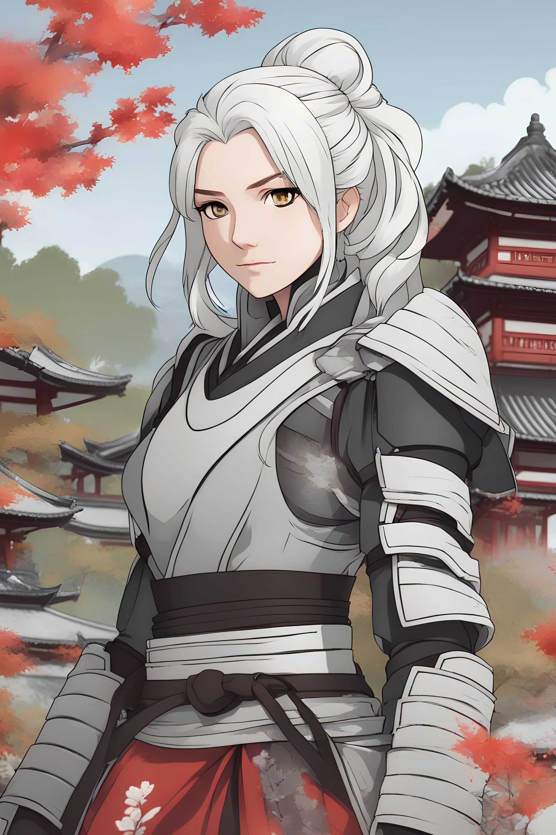 Young woman with white hair, pale gray eyes, wearing samurai armor, Japanese garden background, RWBY animation style