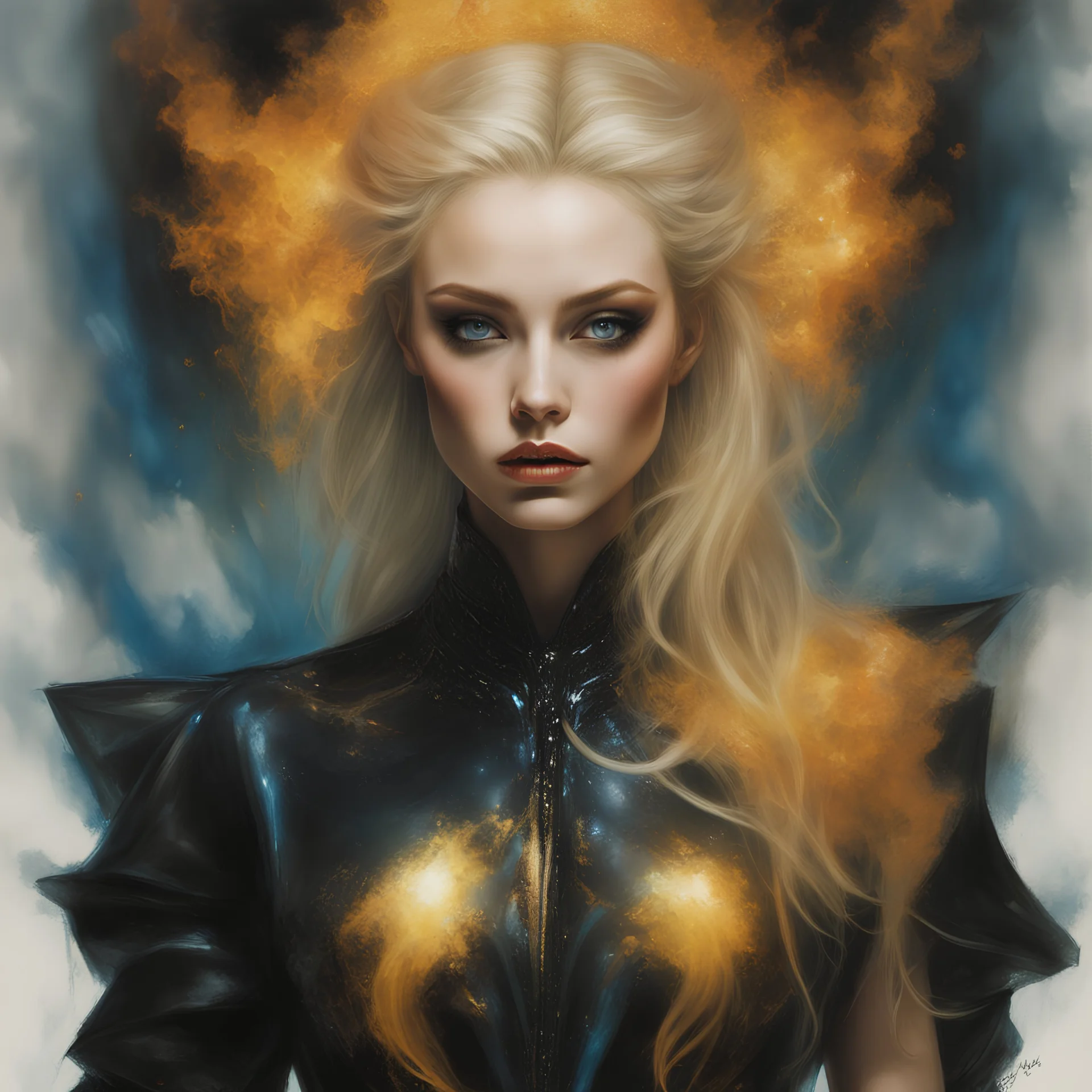 full body portrait Woman, in close-up with blond hair, pale skin, Dramatic light,,luminous, jelly oiled shiny shinest, glistening, dazzlings latex blue dress, hyper realistic, complex background, High quality, dark art, By Kyle Thompson, Bella Kotak, Luis Royo, Brooke Shaden, Carne Griffiths. yellow black orange smoke made of smoke" city, , river, bridge"