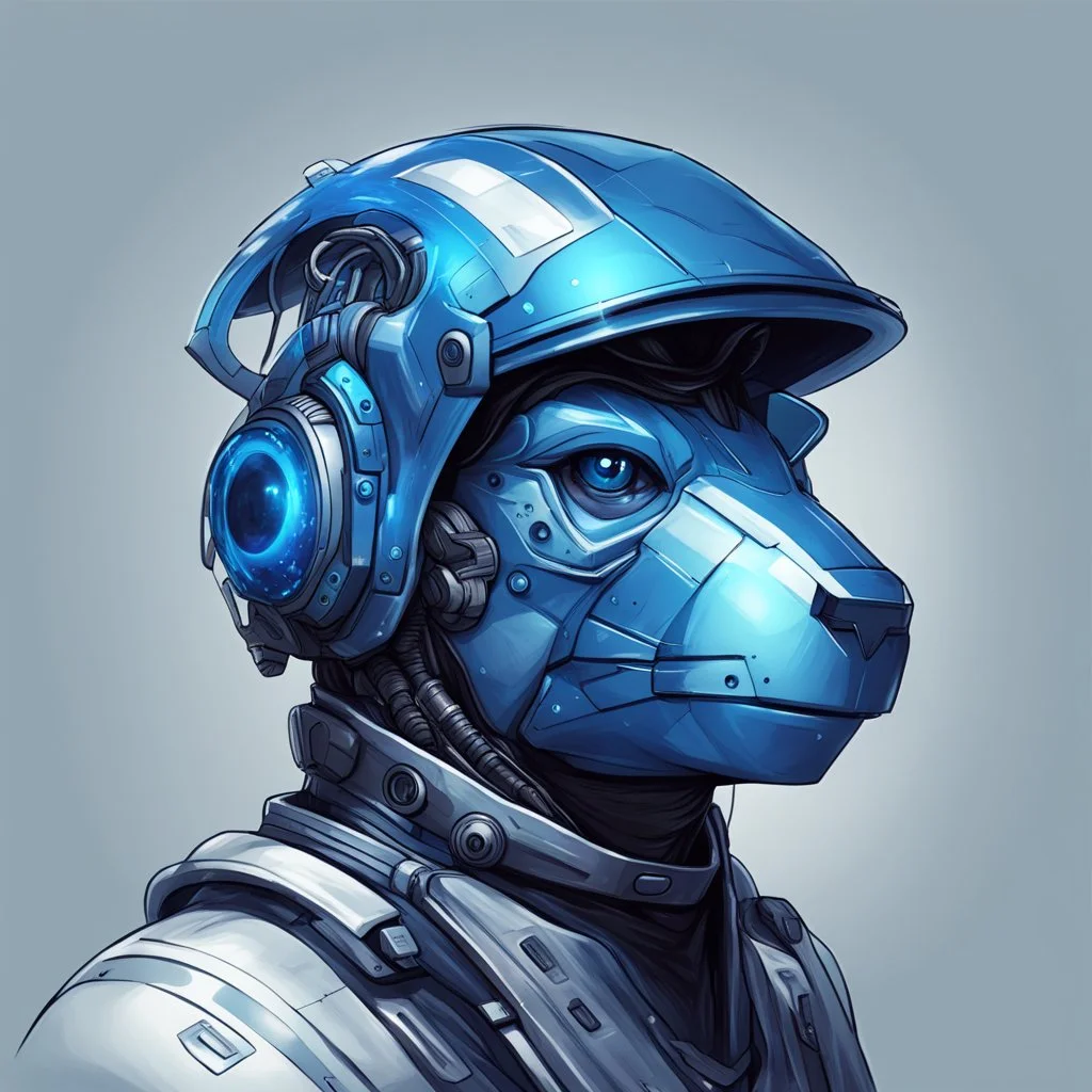 A portrait of blue cybernetic gopher wearing a futuristic helmet. Digital Art. Digital Drawing