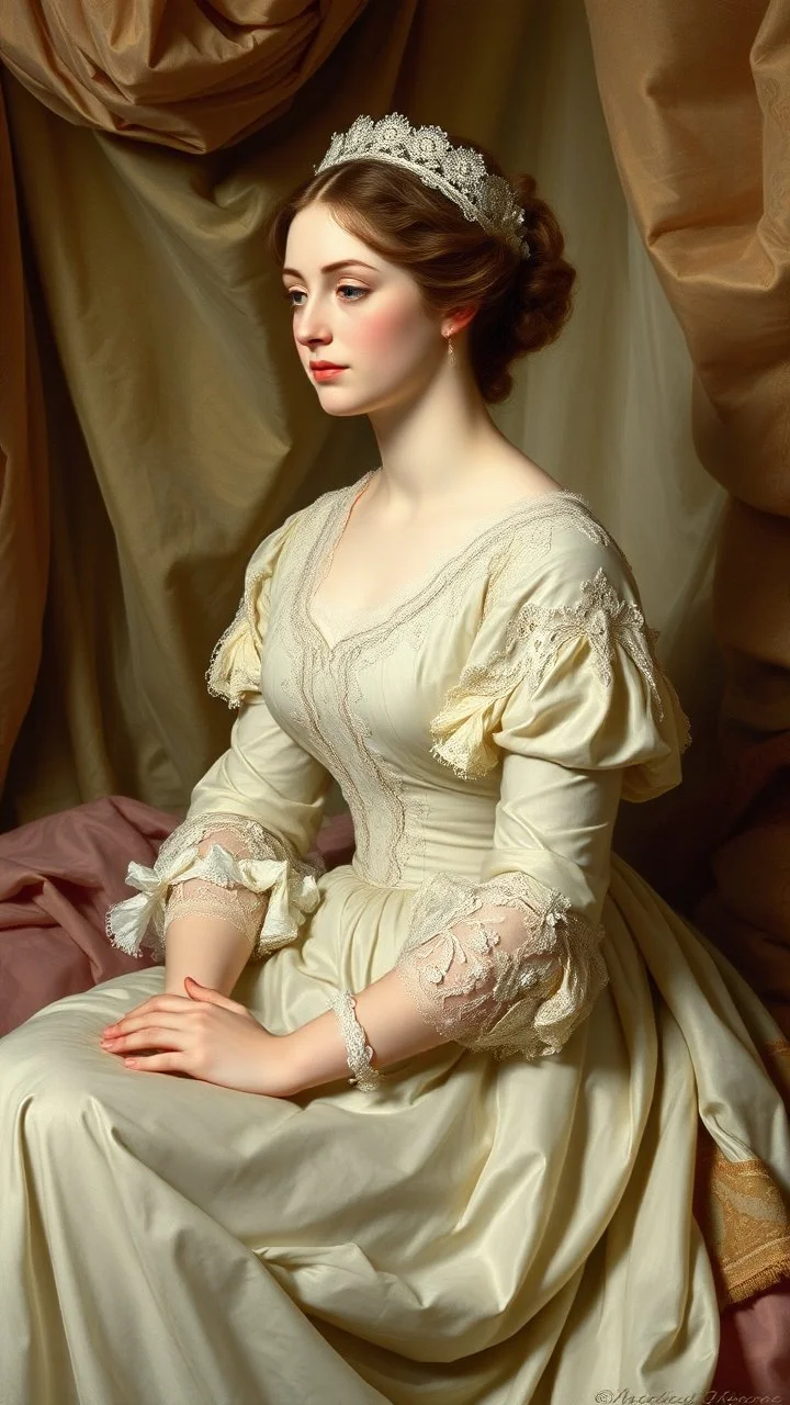 A serene 18th-century French woman, adorned in intricate lace and soft pastel hues, sits poised, as if lost in thought, amidst a backdrop of opulent fabrics, her delicate features and classic beauty masterfully rendered in the neoclassical style of Jacques-Louis David, with influences from Jean-Honoré Fragonard and François Boucher, evoking elegance and sophistication.