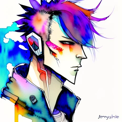 Male cypebpunk character connected to AI exploring other AI - Watercolour and Watercolour Painted Style - Jenny Rainey Style