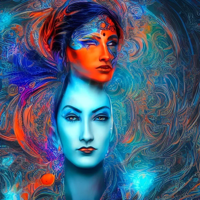 a beautiful and colorful facing portrait of one cyber punk woman shiva in 3D rendering with a mandala background blue and orange color scheme