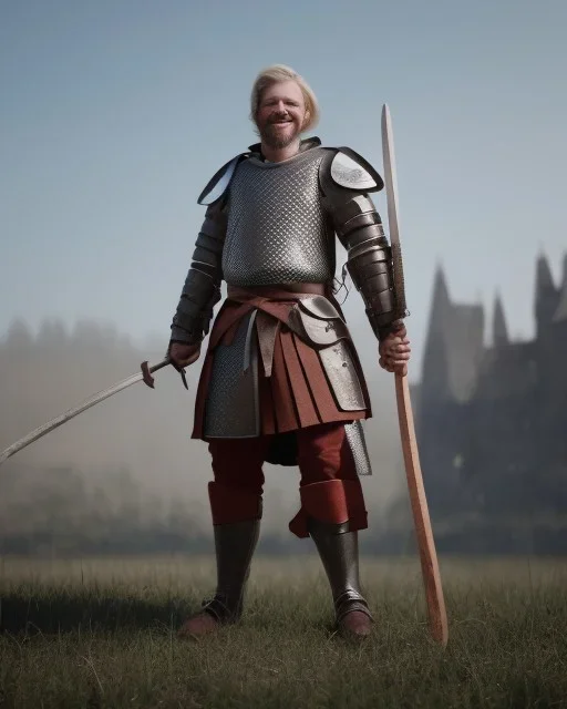 strong medieval warrior with short blond hair, blue eyes and wide warm smile with an axe wearing green and brown clothes