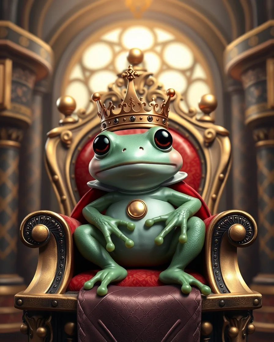 The King Style photography art King cute, slime, frog with crown and a mini cape On its back sitting on his throne,in luxury royal castle