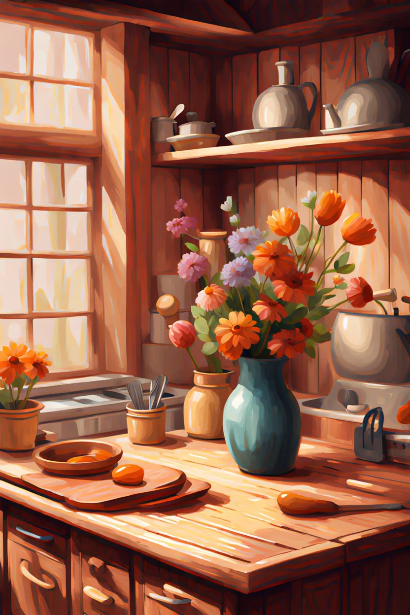 vintage wooden kitchen, flowers in vase and kitchen tools, digital illustration, digital painting, oil painting, concept art, cartoon artwork