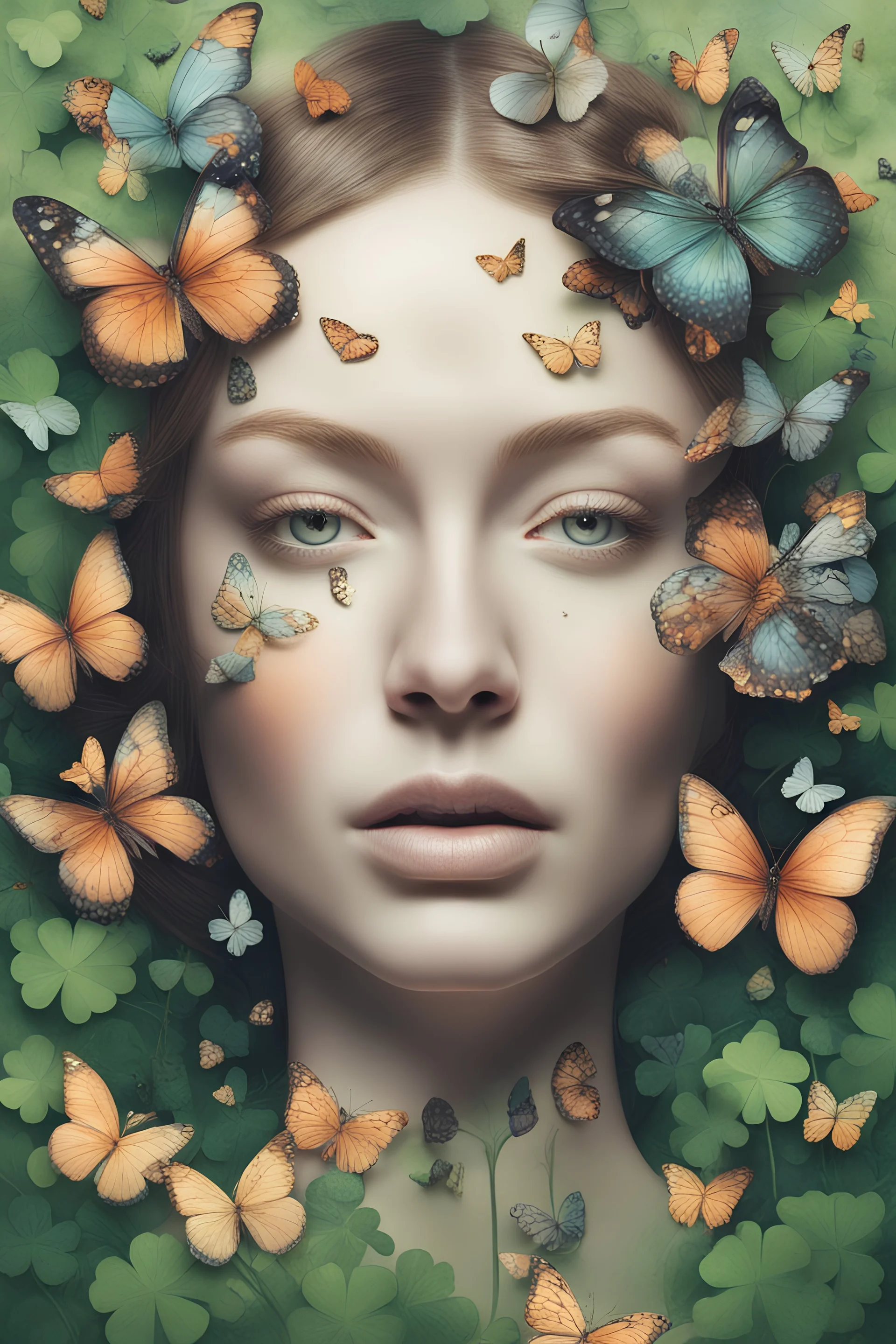 rostro de mujer en primer plano rodeada de mariposas y treboles