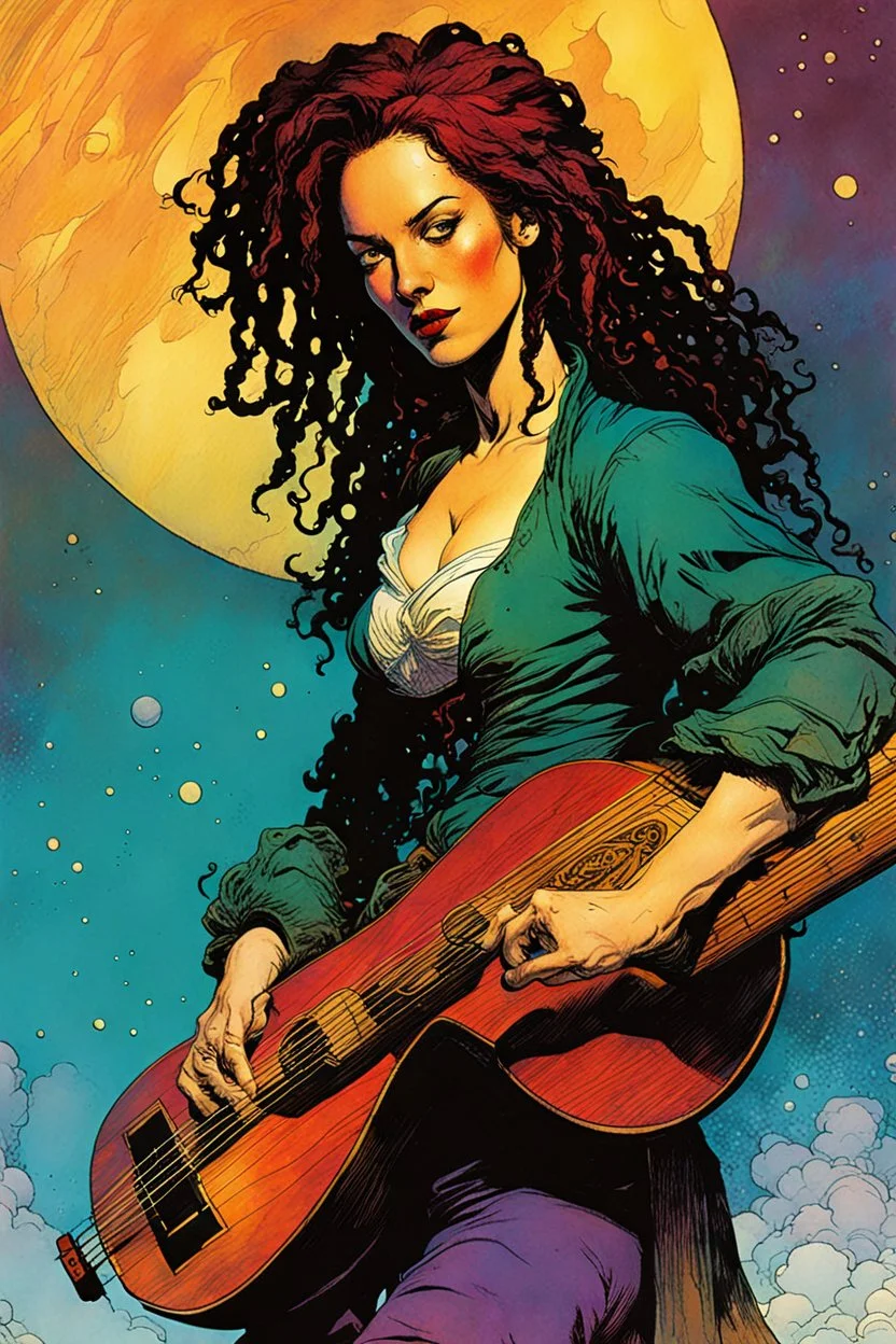 create an imaginative female Renaissance pirate with finely detailed facial features, short dreadlock hair, playing an antique lute , in the comic book art style of Bill Sienkiewicz, Mike Mignola, and Jean Giraud Moebius, finely textured, drawn, colored, and inked