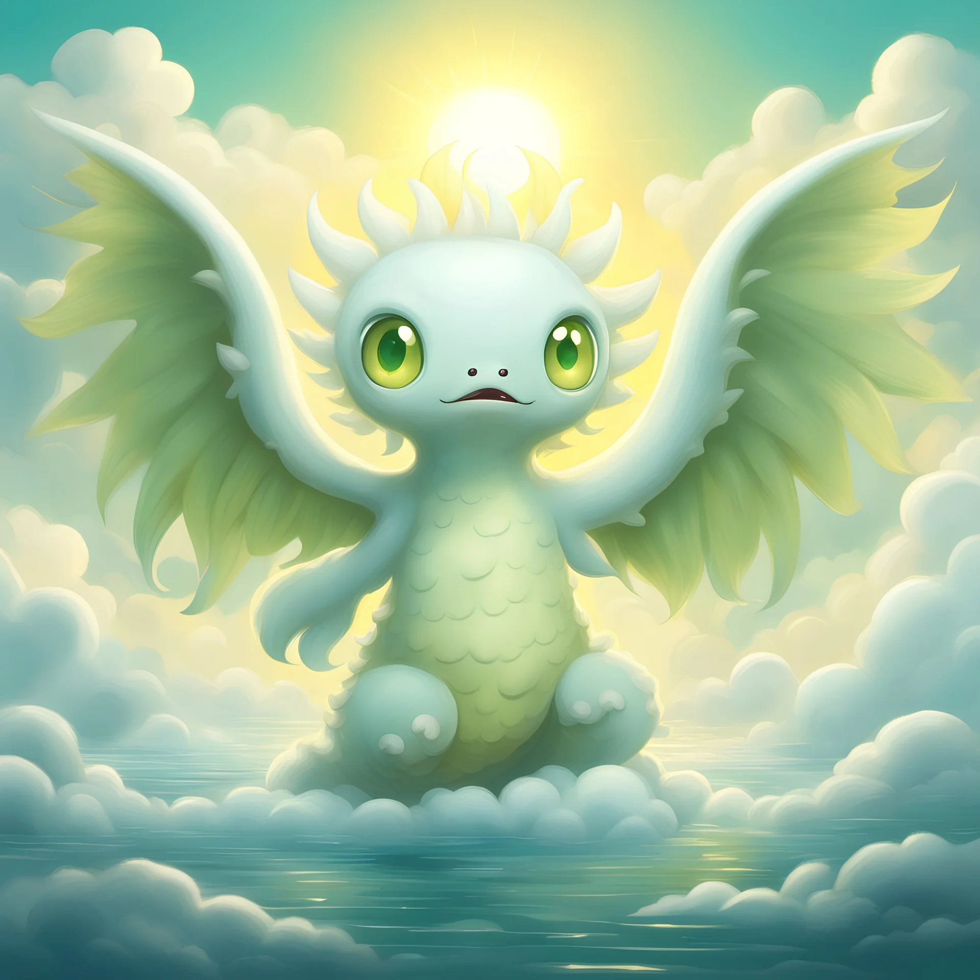 pure white Sea Monster with cute green eyes and a green halo and pale yellow puffy angel wings , best quality, background clouds and sun, in cartoon art style