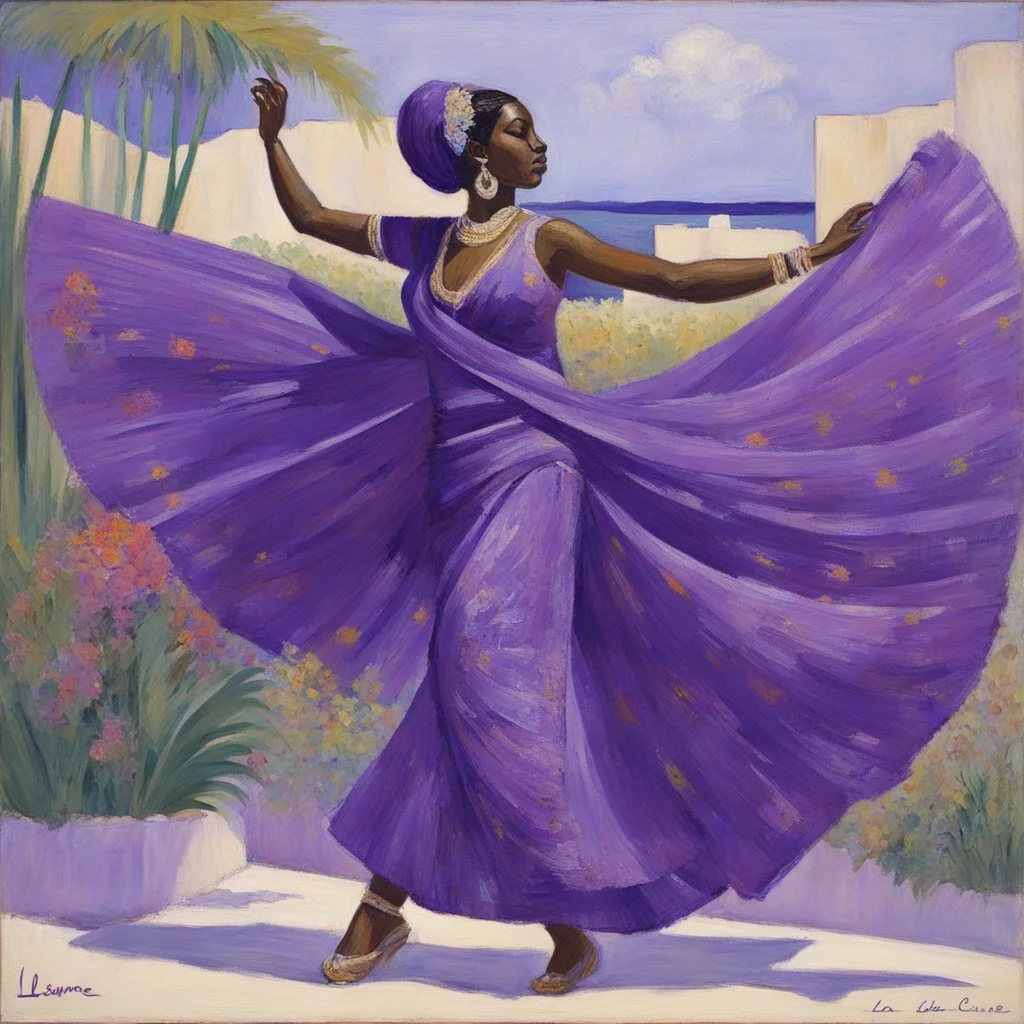 a naive painting of a haitian woman in a purple sari performing the flower dance, with her distinctive hand movements, thick lines, large areas of flat color, la ligne claire by Kupka
