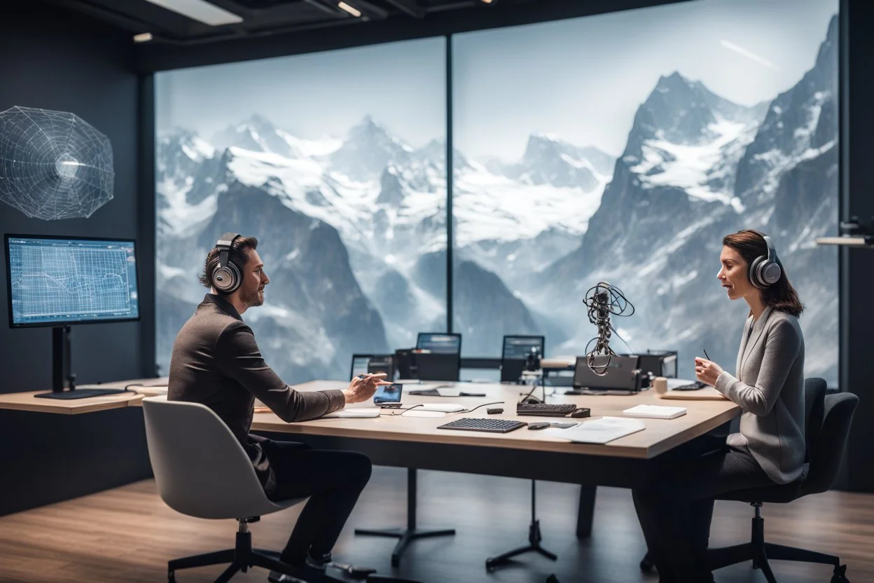 A podcast scene featuring a man and a woman engaged in a lively discussion about AI in finance. The setting is a modern studio with microphones and headphones setup in Swiss mountains. The backdrop showcases elements related to Robotic, satellites, mathematics, language models. The atmosphere is professional yet friendly, reflecting a workshop vibe