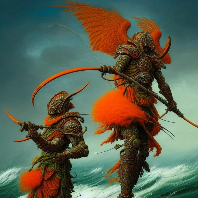 an ibis warrior in orange and green full battle armor, a highly detailed illustration, background of giant crashing ocean waves, realistic render, 8 k, micro detail, intricate, elegant, centered, digital painting, Artstation, smooth, sharp focus, illustration, artgerm, tomasz alen kopera, peter mohrbacher, donato giancola, joseph christian leyendecker, wlop, boris vallejo