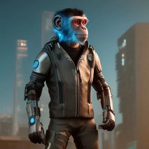 Cyberpunk outfit cyborg monkey unreal 5, octane render,cinema4d, dynamic lighting, dramatic lighting, 4k, redshift render, highly detailed, hyper realistic, in space