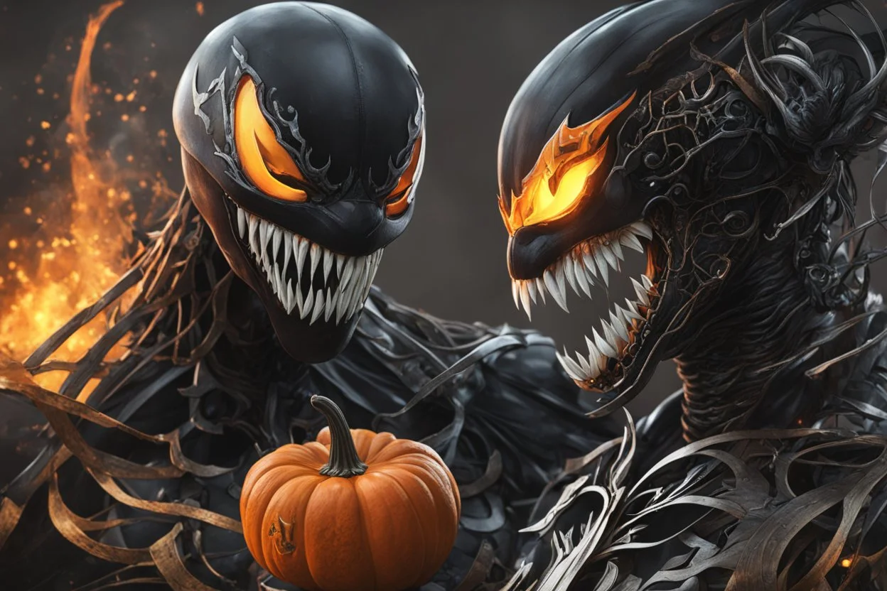 venom machine with fire pumpkin head in nier automata artstyle, halloween them, close picture, fantasy world, intricate details, highly detailed, high details, detailed portrait, masterpiece,ultra detailed, ultra quality
