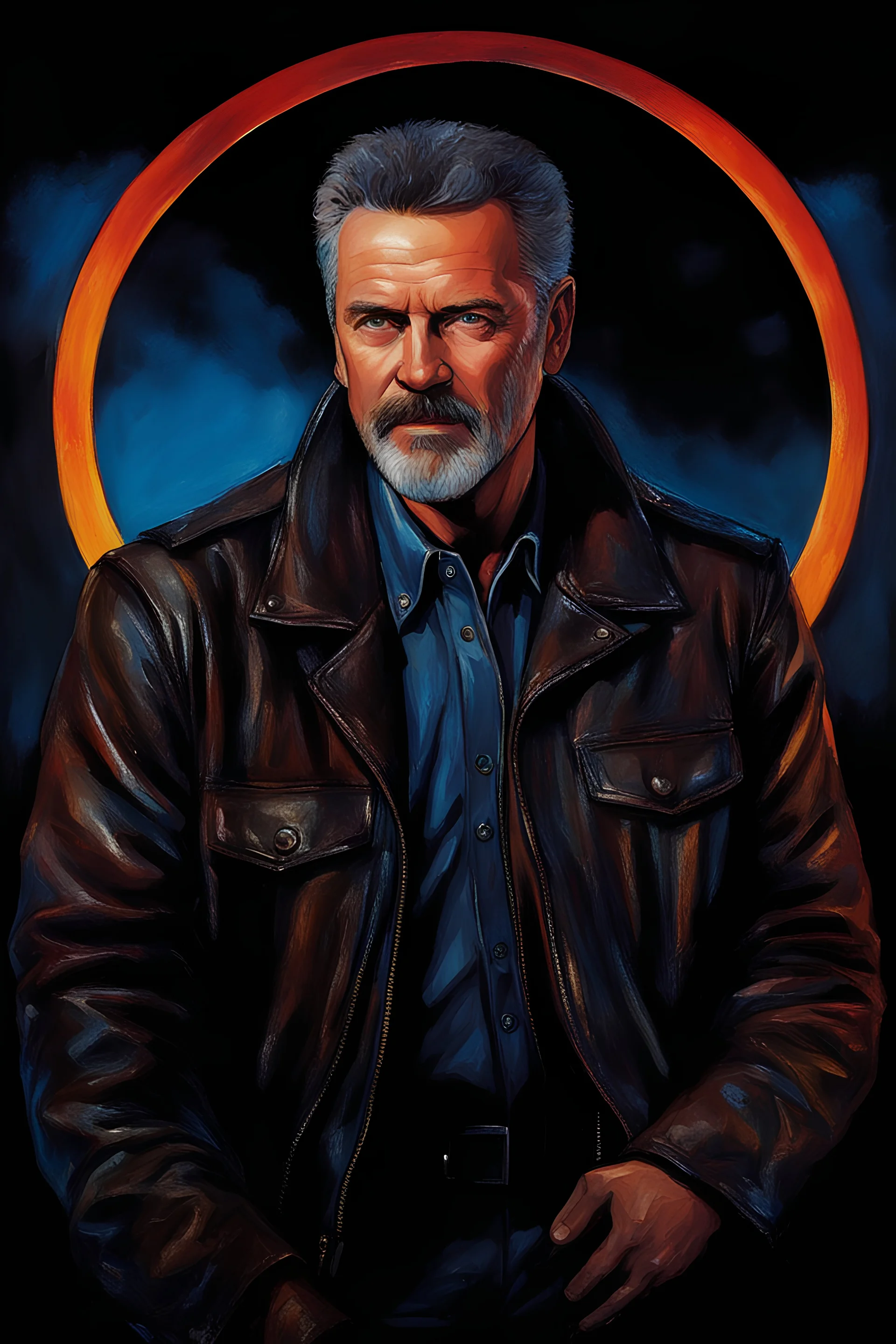 58-year-old Elvin P. Resley with crew-cut dark brown hair tapered on the sides, gray goatee, bushy eyebrows, blue eyes, wearing a leather jacket - pitch black background with an overhead spotlight effect, extremely colorful, oil painting by Jim Lee