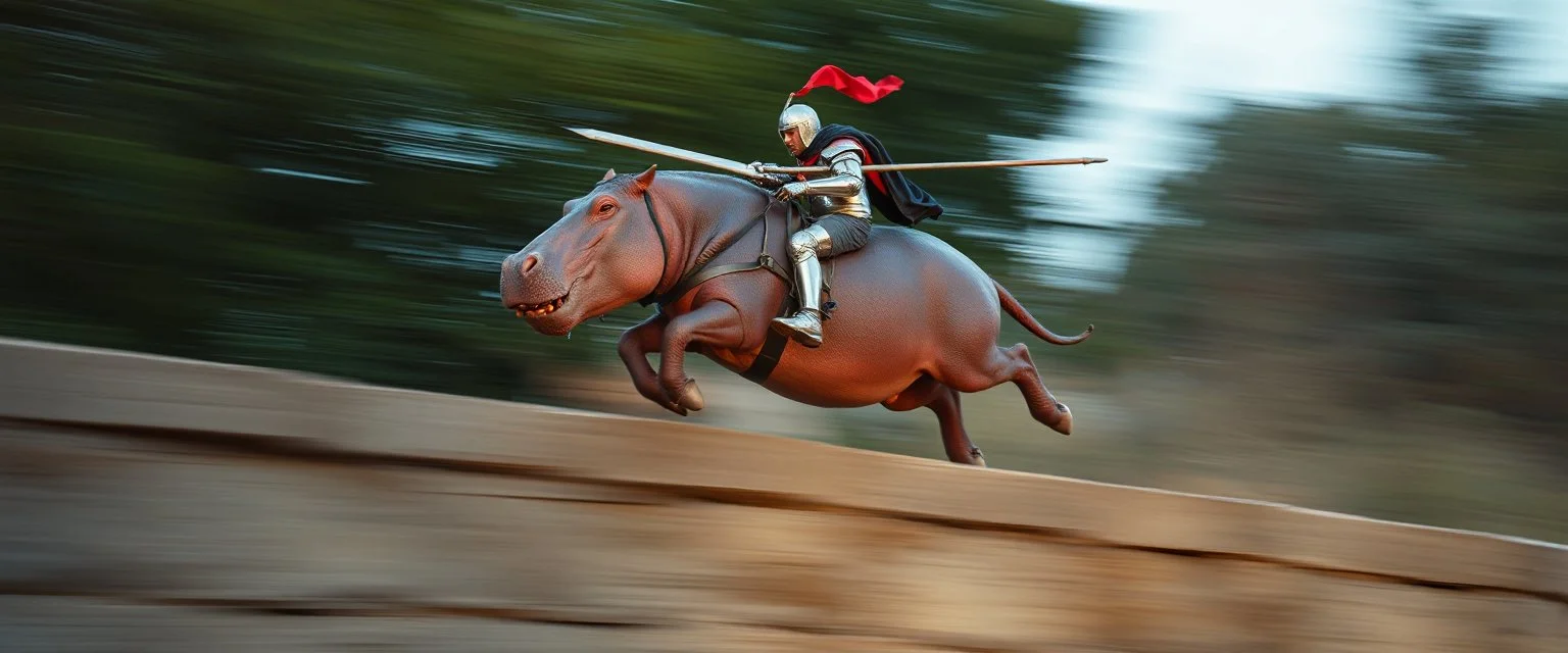 fast hippo hog kentaur jumping a wall with knight rider and lance, motion blurred background