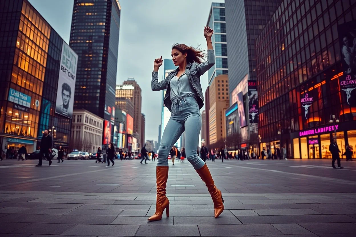 modern city a wide cross square a beautiful lady in nice pants and shirt pretty boots hip hop dancing city scape in background