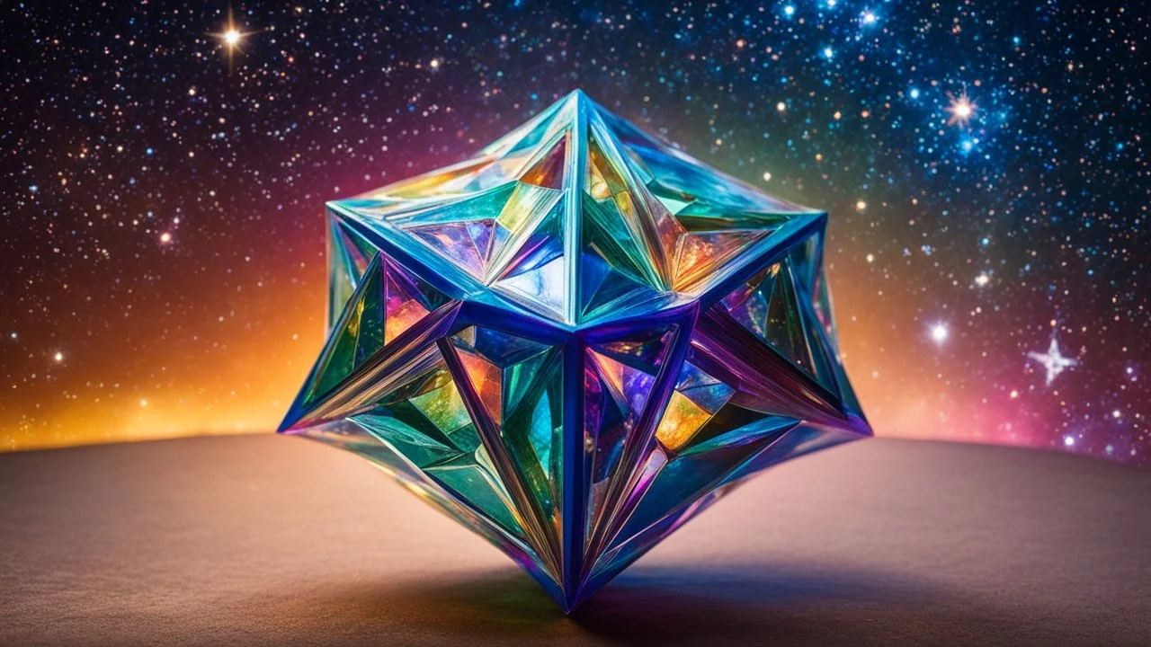 1423, delightful, sensitive, confident, iridescent stellated icosahedron, star-shaped, nocturnal, architecture, award-winning photograph, beautiful composition, filled with delicious food, delicate colour, chiascuro