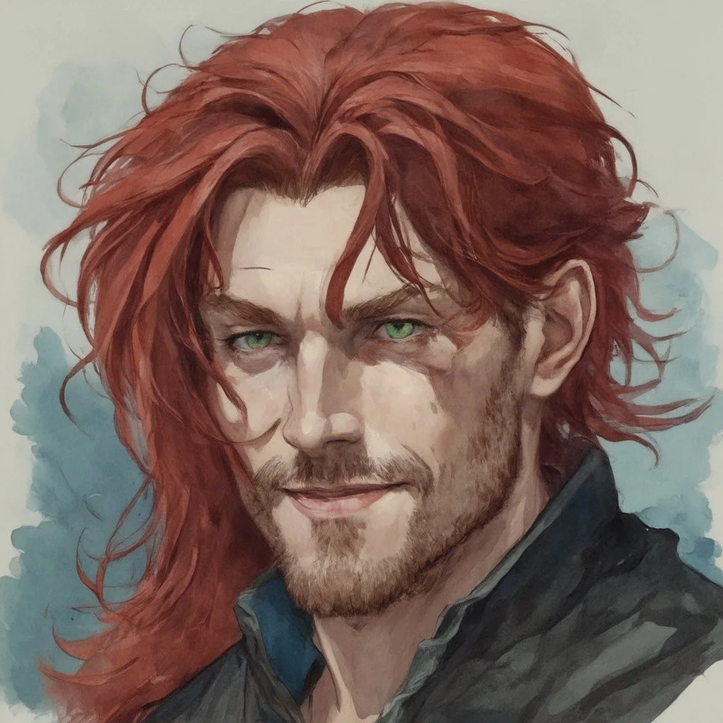 dnd, fantasy, watercolour, large strokes, stylistic, portrait, illustration, dull colours, male, face, narrow long face, weathered face, green eyes, determined, smiling, red hair, very long hair streaming down the shoulders, lush hair, radiating light, five o'clock shadow, elegant, short small mouth, wide smile