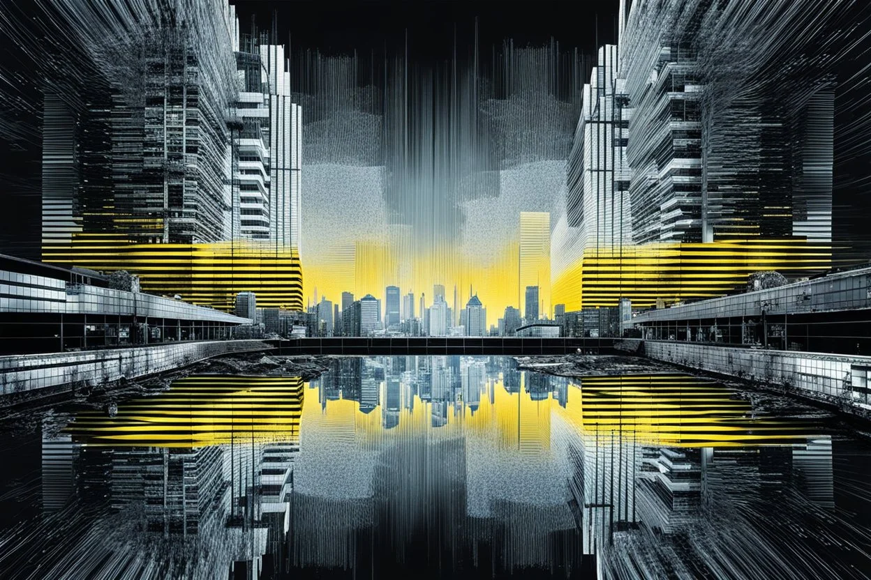 Double exposure transparent glich picture silhouette of a building, bridges, white noise, distorted, abstract patterns, glitch art with distorted shapes, optical illusion, gray-yellow and blue gradient effect, rhythmic noise particles. Grain scored texture. Black background.