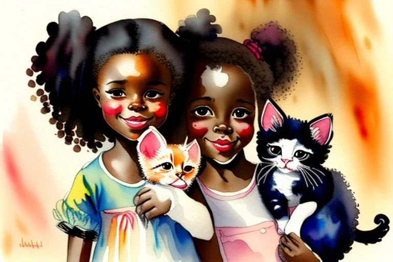 A cute smiling Afro-American girl is holding a kitten. Watercolour