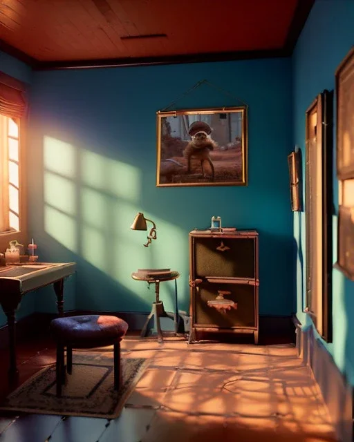 Room scene with big hair monster, Wes Anderson style, realistic photo, concept art, smooth, unreal engine 5, god lights, ray tracing, RTX, lumen lighting, ultra detail, volumetric lighting, 3d.