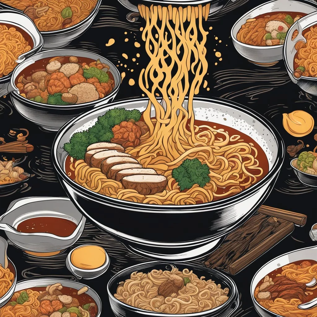 ultra realistic dramatic advertising picture of sizzling bowl of ramen, black background, splash art, maximal detailed dramatic steam, shot by high def camera cannon lens, stunning brilliant.