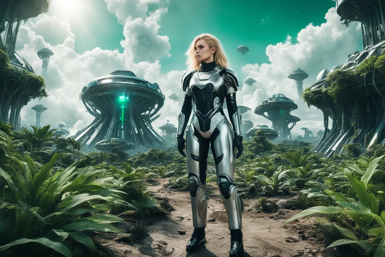 Wide angle photo of a sci-fi woman with blond hair, silver and black futuristic spacesuit looking android-like, standing on an derelict alien jungle planet with cloud trees in multiple green hues