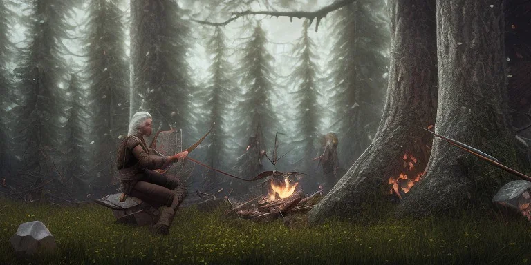 Geralt of Rivia, Jaskier the Bard, snowy forest scene, around a campfire, Jaskier playing his lute, monster lurking in background behind a tree, DSLR, panorama, complementary colours, splash of colour, hyperrealism, 8k resolution concept art, intricately detailed, film still