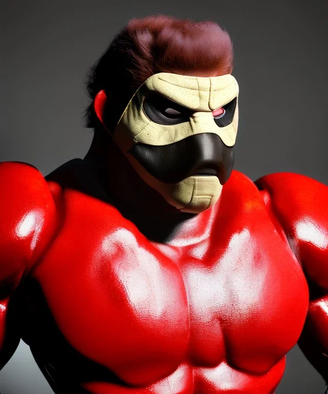 Strong Man, wrestling, mask, retro 80s style, hot ambient, photo studio, latex color dress, red, gold, vibrant color, highly detailed, art stations, concept art, smooth, unreal engine 5, god rays, ray tracing, RTX, lumen lighting, ultra detail, volumetric lighting, 3d, finely drawn, high definition, high resolution.