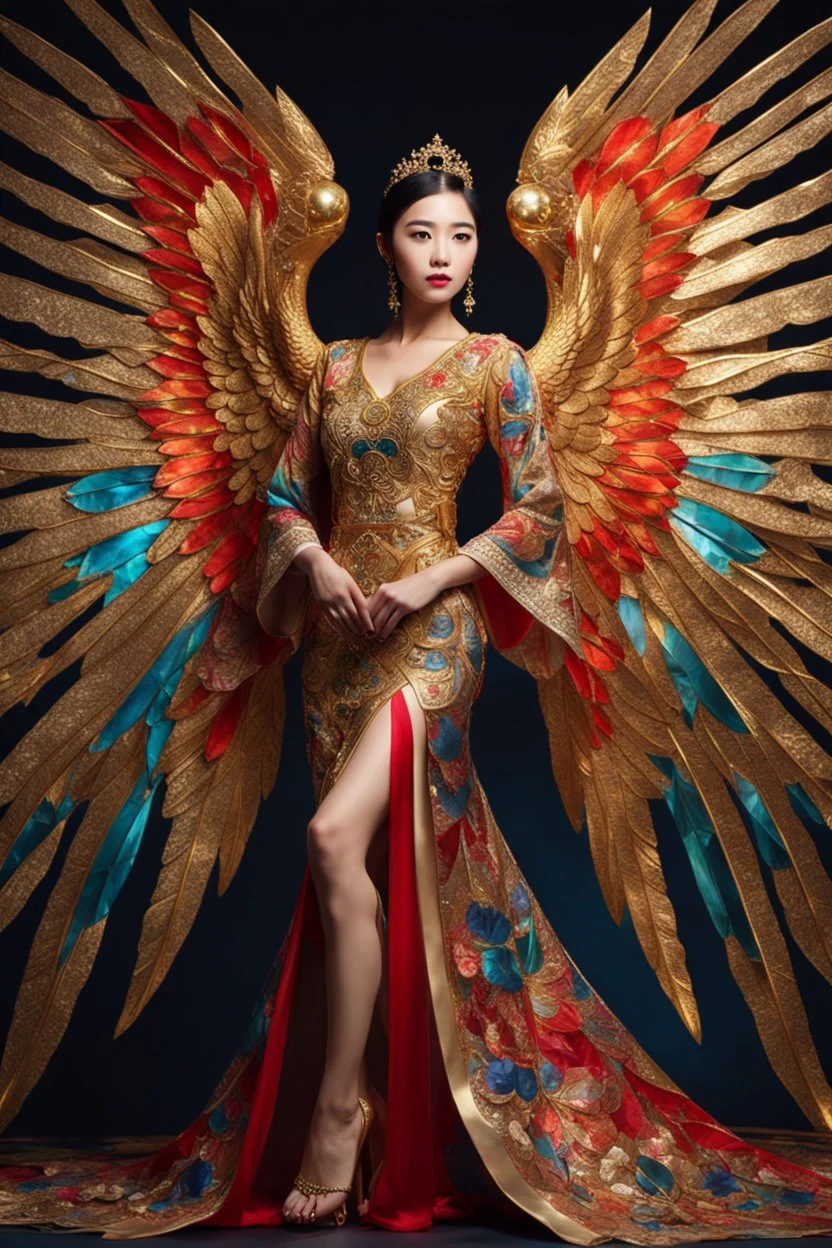 Gorgeous photography full body Beautiful super model Chinese woman dressing Lady Angel colorful art conceptual, amazing artwork, hyper detailed, ultra maximalist quality, 12k , close-up portrait,crystal ornaments background, golden hour