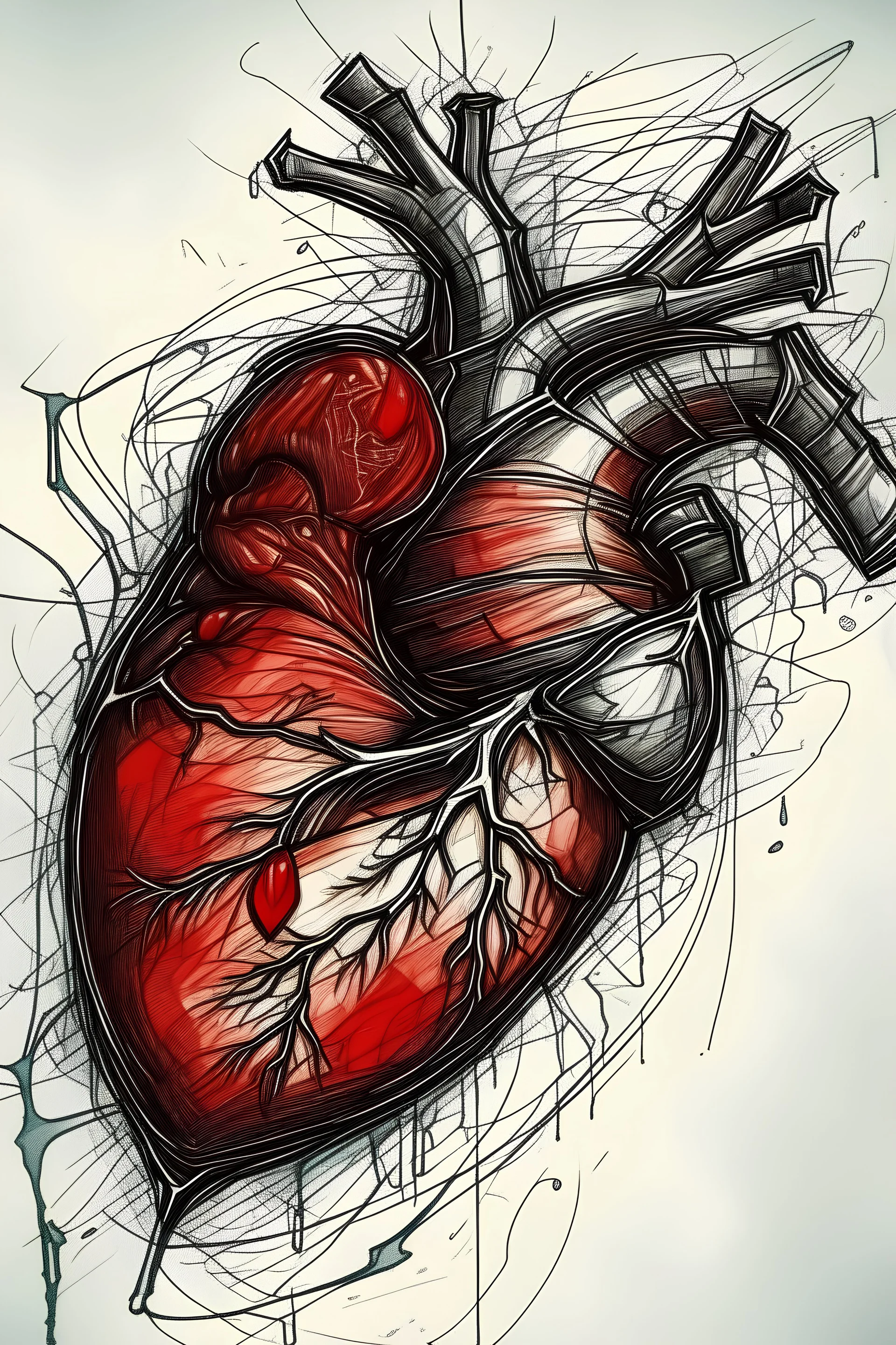 Plano detalle de un corazón rojo latiendo fuerte en un cuerpo sin vida de estilo impresionista