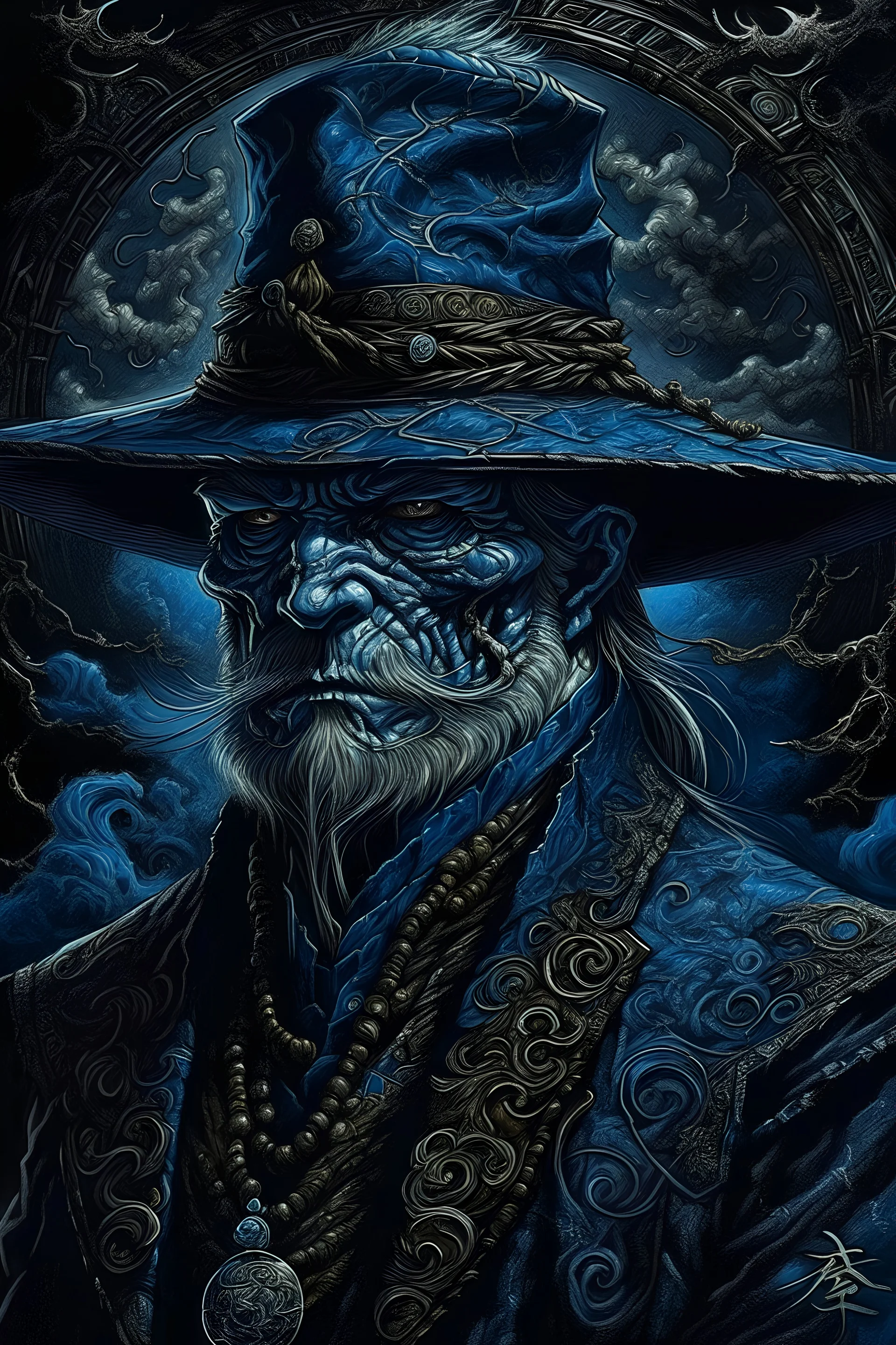 Upscale orkand almost leads to the extinction of humanity in an accurate revenge scheme,Dramatic, dark and moody, inspired style, with intricate details and a sense of mystery Blue background. A Japanase sensei master wearing a hat