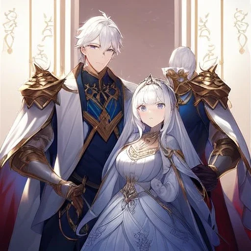 Twins, boy and girl, white hair, silver eyes, royal hall background