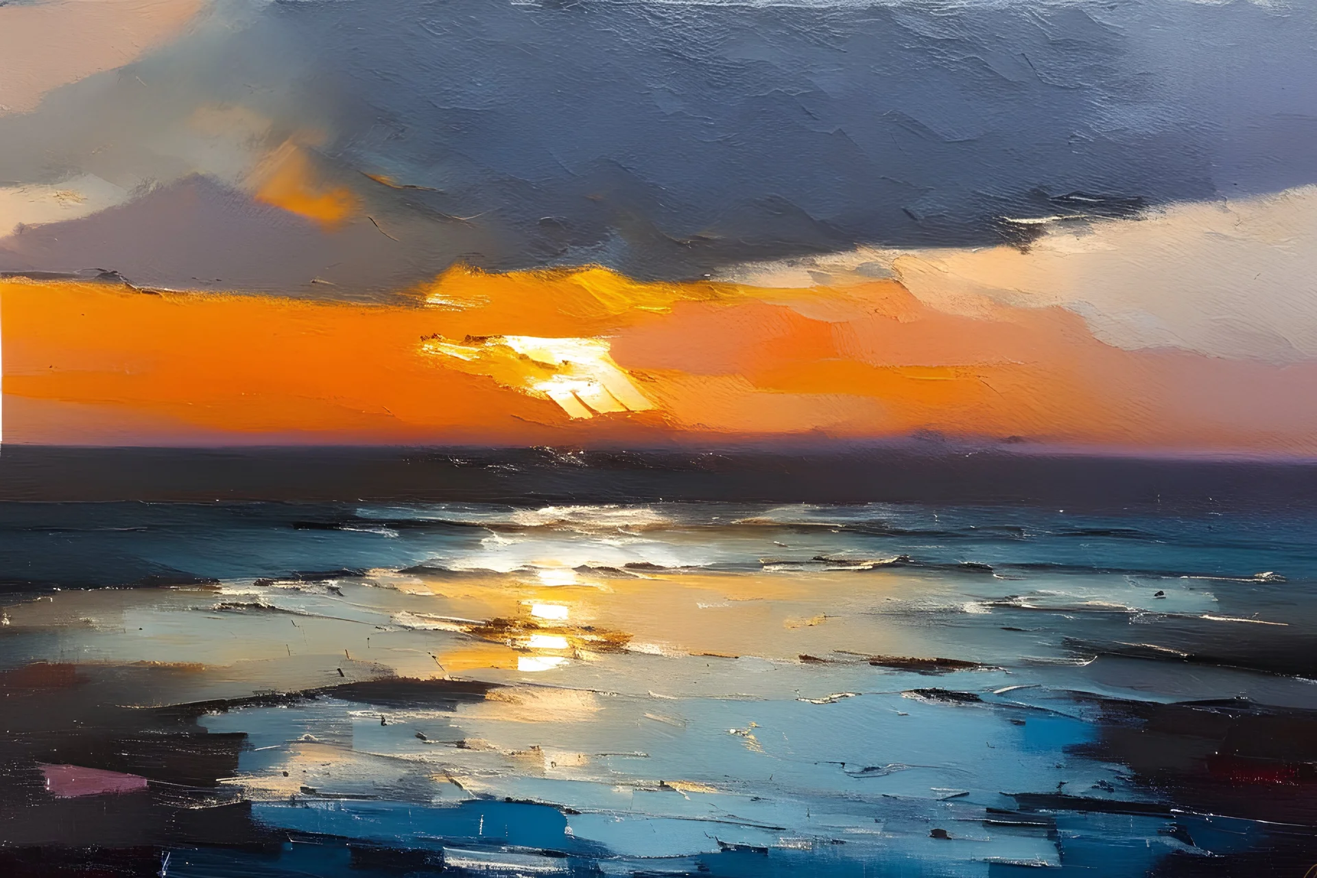 seascape with sunset by Chris bushe with thick oil and palette knife