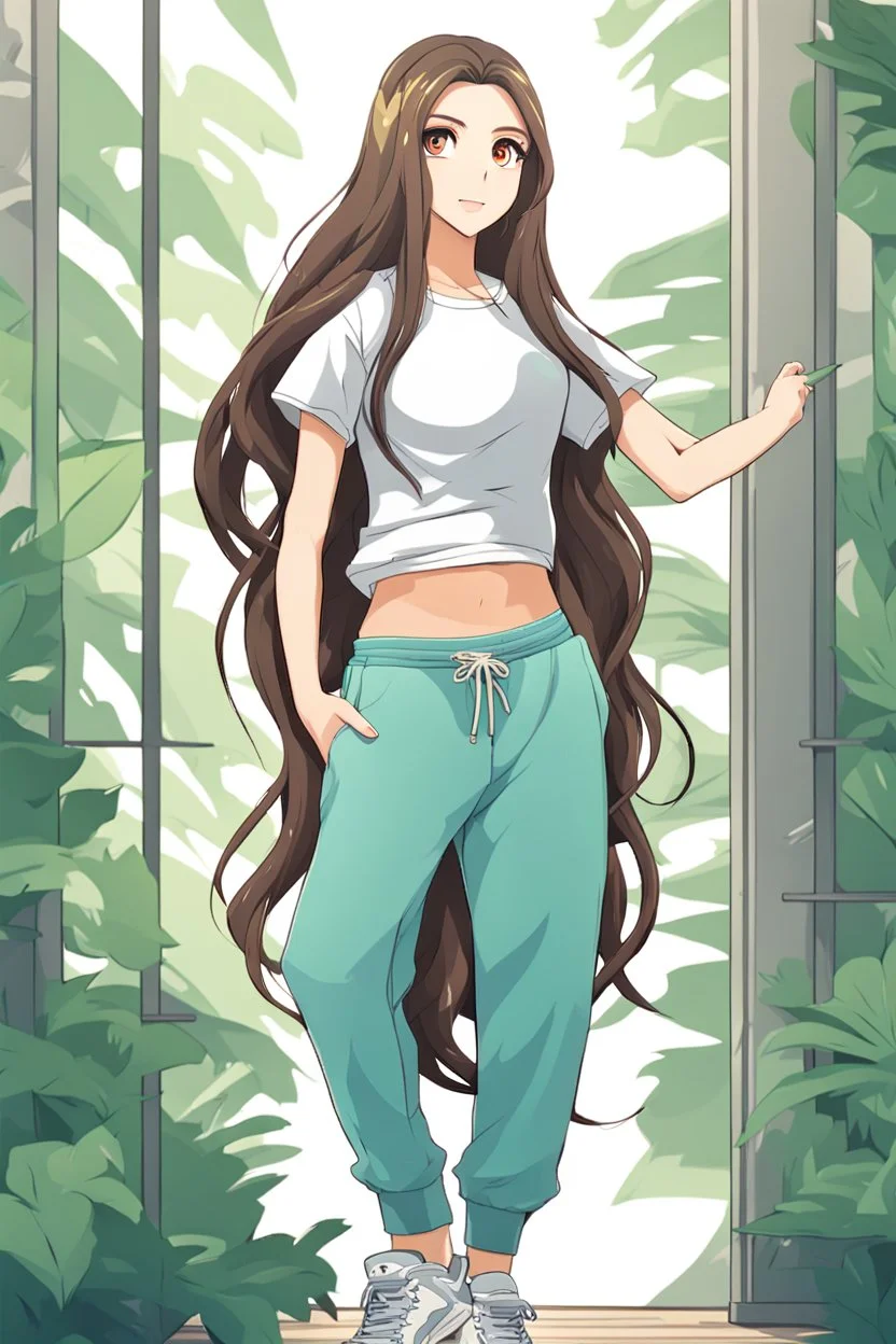 attractive anime woman with brunette long hair, t-shirt and sweatpants, full body in frame,