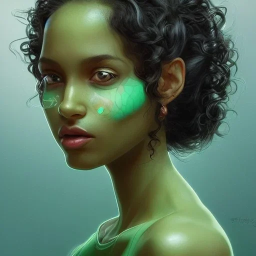 alien girl, cute, beautiful, long hair, curly hair, black hair, slim body, brown eyes, light green skin, turquoise dress, black tee shirt, green shorts, head and shoulders portrait, 8k resolution concept art portrait by Greg Rutkowski, Artgerm, WLOP, Alphonse Mucha dynamic lighting hyperdetailed intricately detailed