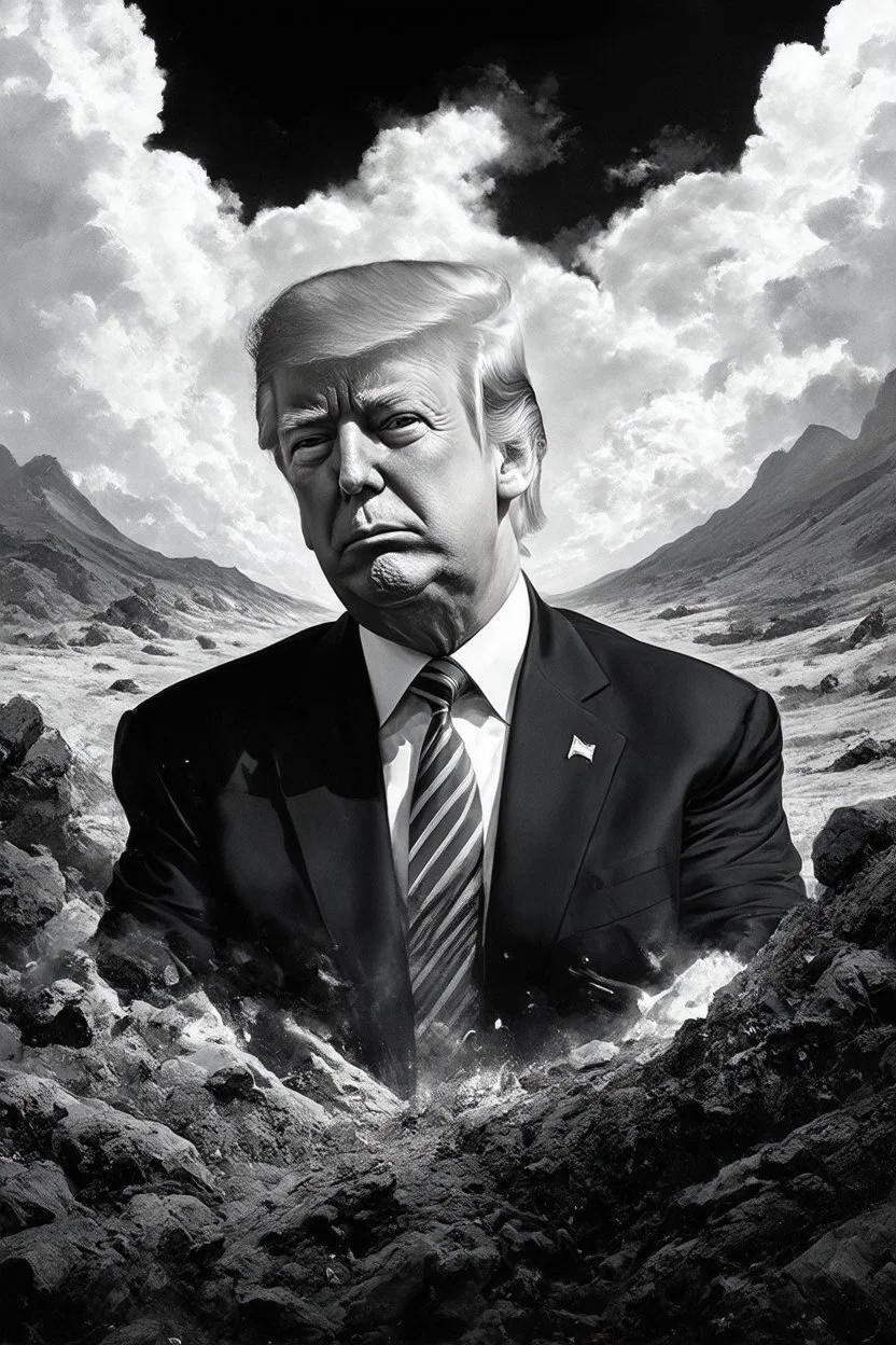 trump justinsun ethereum battle in the trenches seeing the future in the style of surrealism black and white