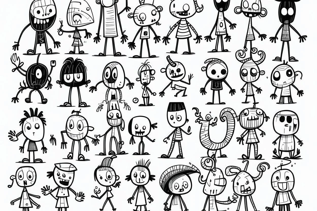 make a bunch of simple hand-drawn spooky and cute cartoon characters with bodies arms, and legs I could draw and make them all different