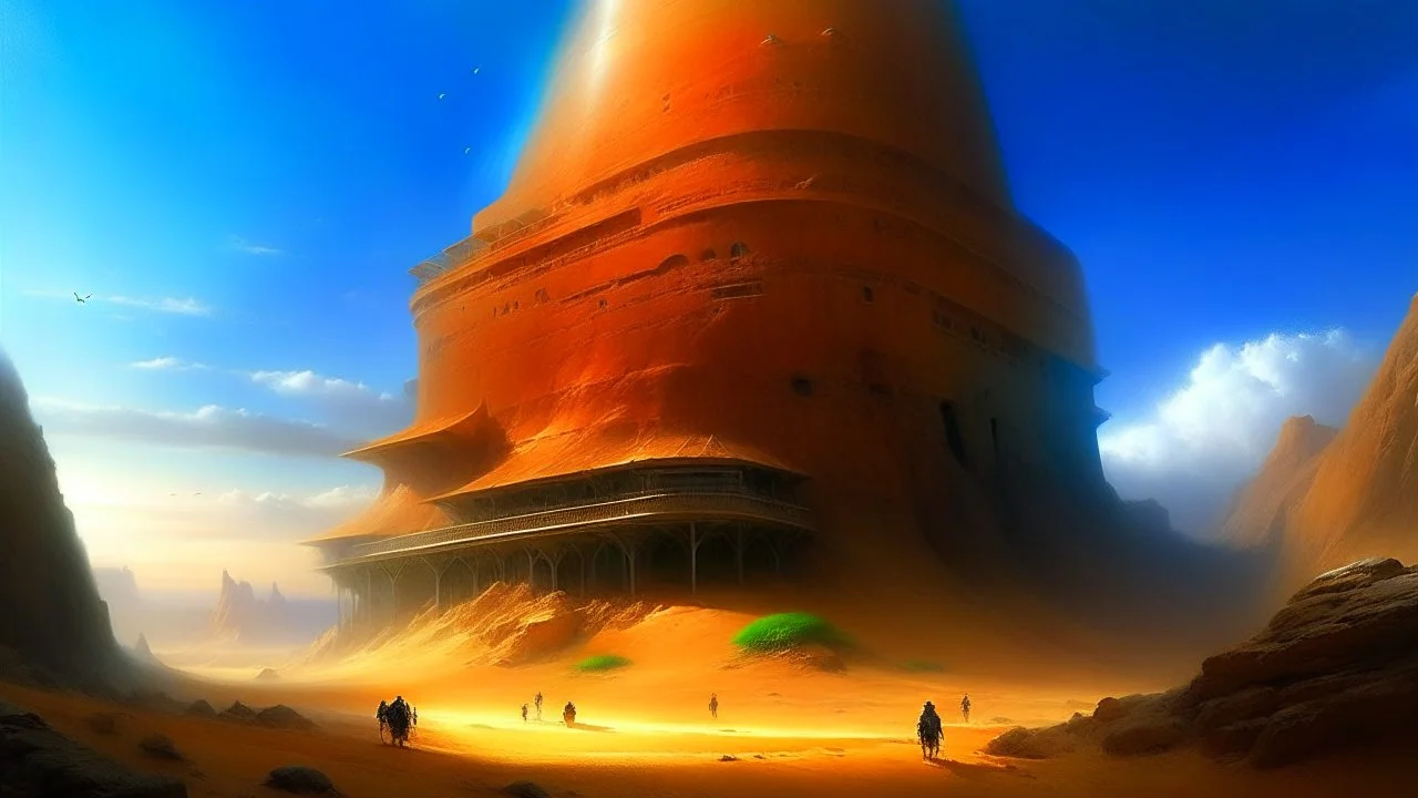 Dune like world, with a building cut into rock, Marc Simonetti